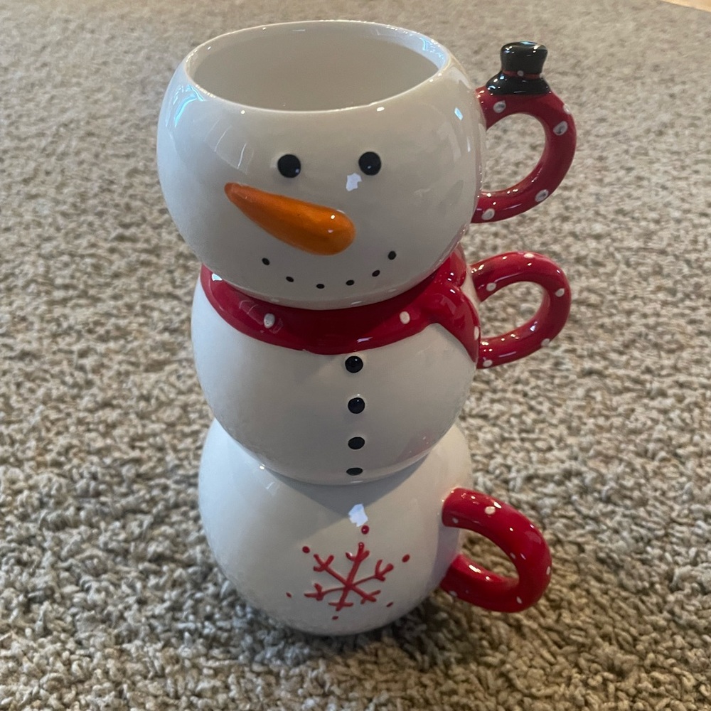Stackable Snowman Ceramic Mug Set - White & Red by Arlington Designs